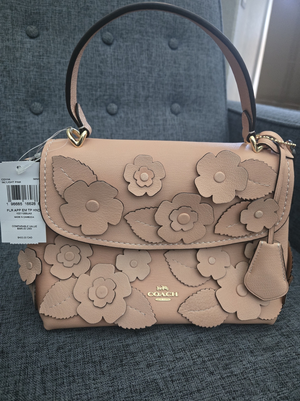 Coach Emory Top Handle Bag w/ Floral Appliqué- Light Pink